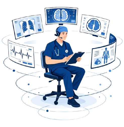 Illustration of a radiology professional reviewing imaging monitors